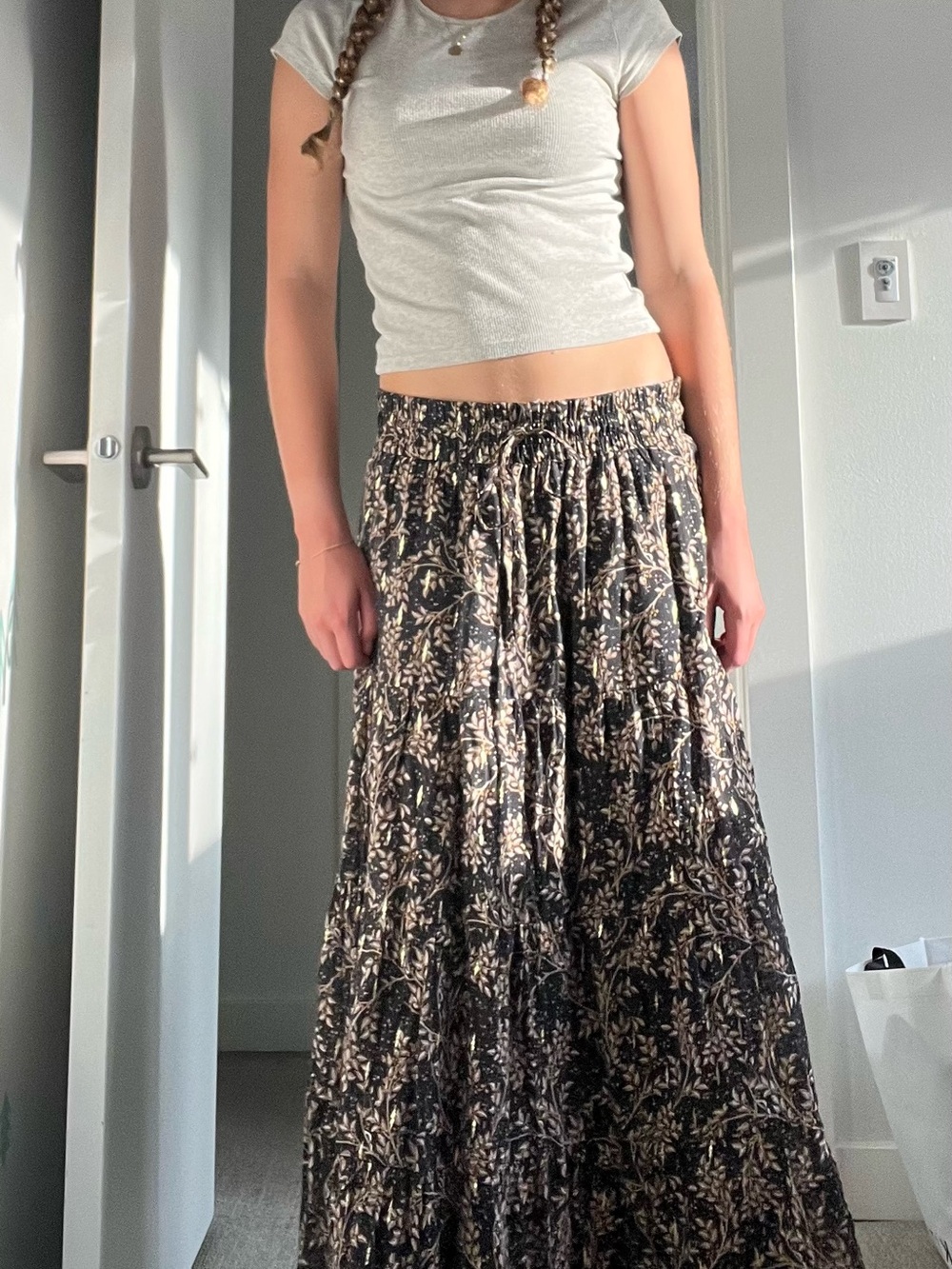 Bohemian Pleated Maxi Skirt - Black and Cream